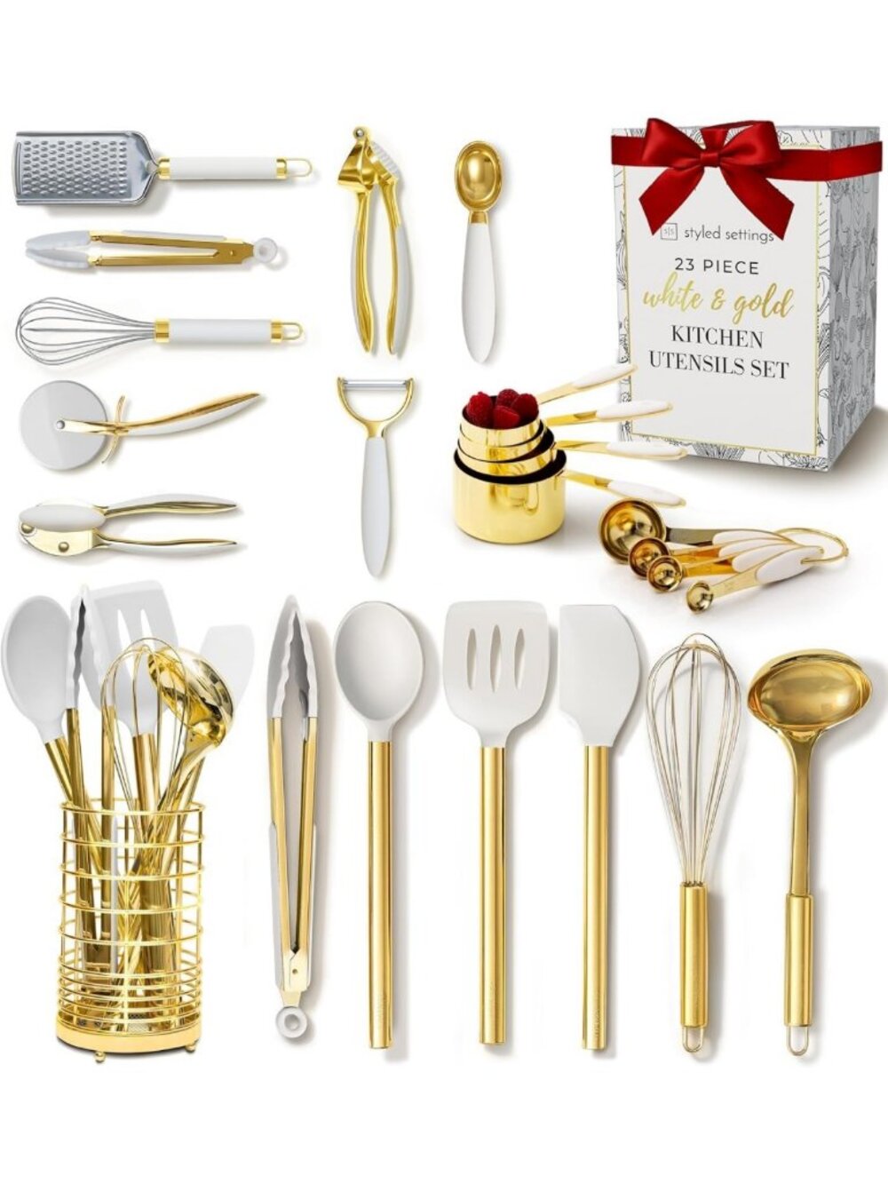 Elegant White & Gold 23-Piece Kitchen Utensils Set - Modern Cooking Essentials